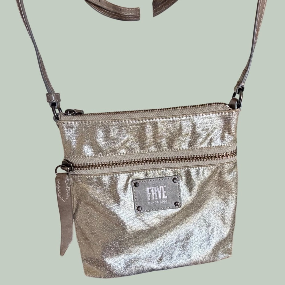 Frye Crossbody Bag Women Small Gold Metallic Canvas Leather Trim Industrial Glam - Picture 2 of 10